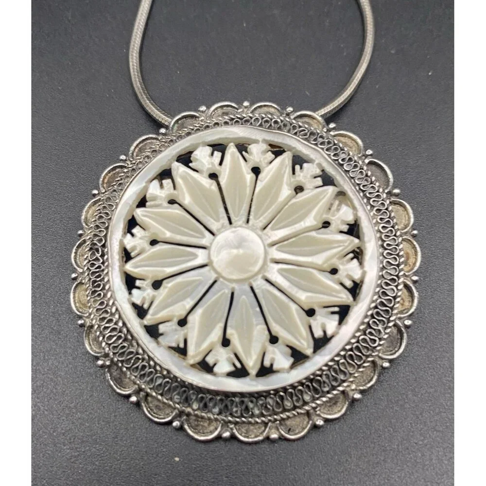 Vtg 950 Sterling Silver MOP Brooch Pendant Necklace Intricate Jerusalem 18” 14g - Picture 1 of 11